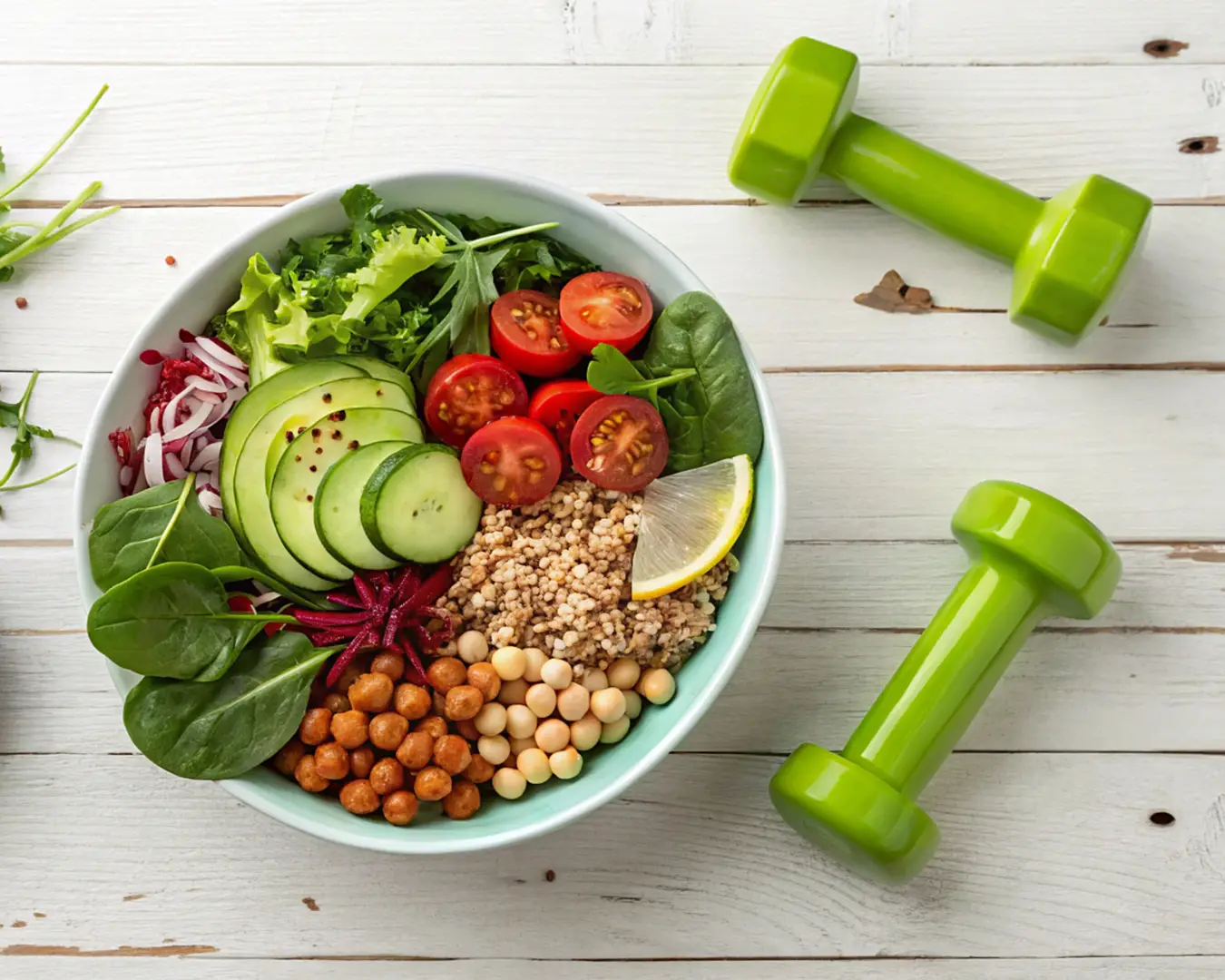 The image features a top-down view of a colorful Buddha bowl alongside two small, bright green dumbbells on a white, rustic wooden surface. Bowl Contents The bowl is packed with a variety of healthy ingredients arranged in sections: Fresh Greens: Large spinach leaves and curly green lettuce. Vegetables: Sliced cucumbers, halved cherry tomatoes, and shredded red cabbage. Grains & Legumes: A mound of cooked buckwheat, whole chickpeas, and seasoned roasted chickpeas. Garnish: A lemon wedge and a sprinkle of seeds. The composition highlights a theme of healthy living, combining nutritious meal prep with fitness equipment.